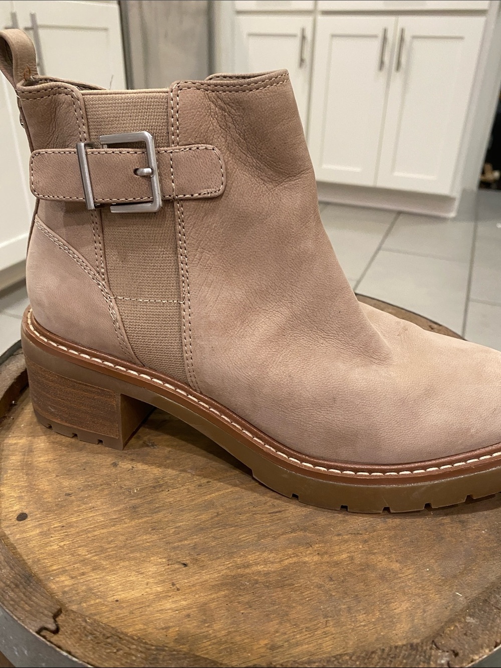 Alex Marie Blush Tan Suede Buckle Platform Chelsea Booties